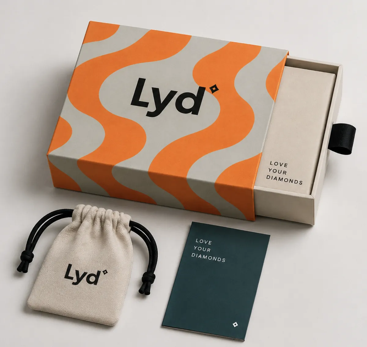 Verpackung, Schmuckbeutel und Karte im Corporate Design der Marke Lyd°