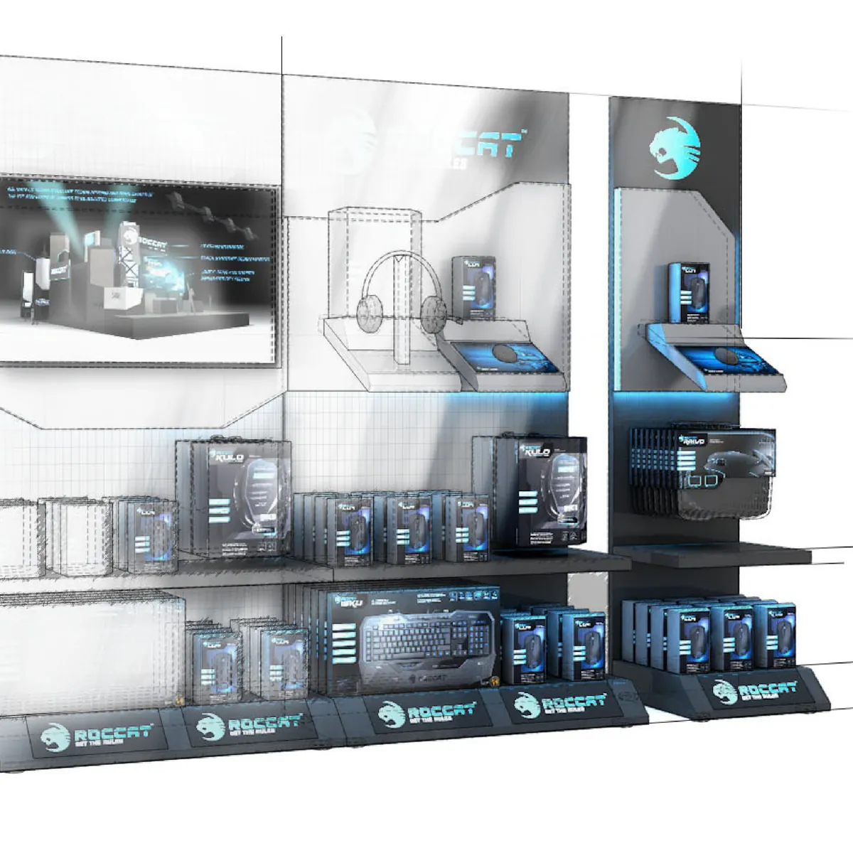 3D-Konzept eines Verkaufsdisplays für ROCCAT-Gaming-Produkte