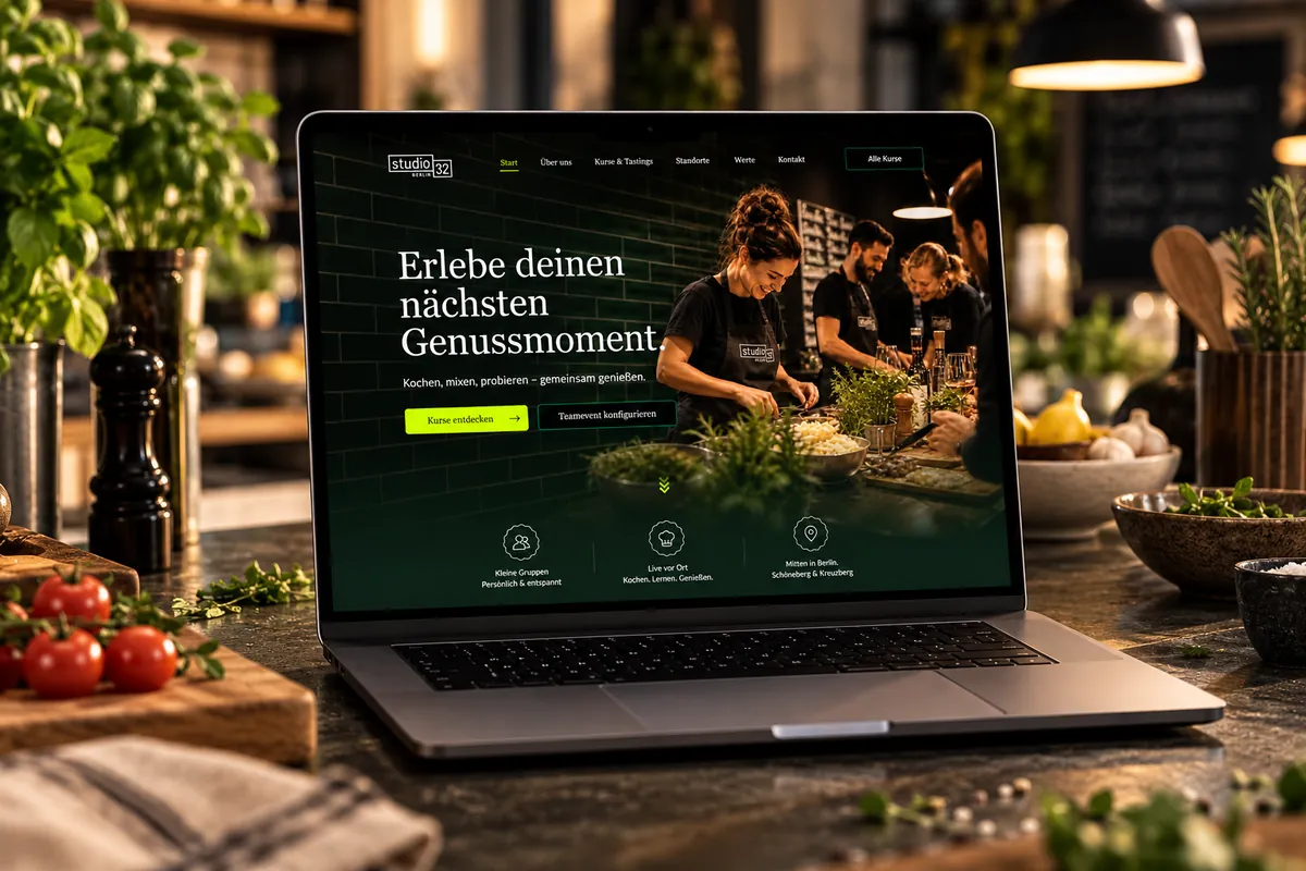 Restaurant-Website auf einem Laptop in einer Küche